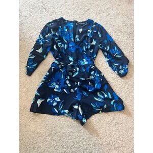 Yumi Kim 100% Silk Blue Floral Liz Belted Shorts Romper Size Medium